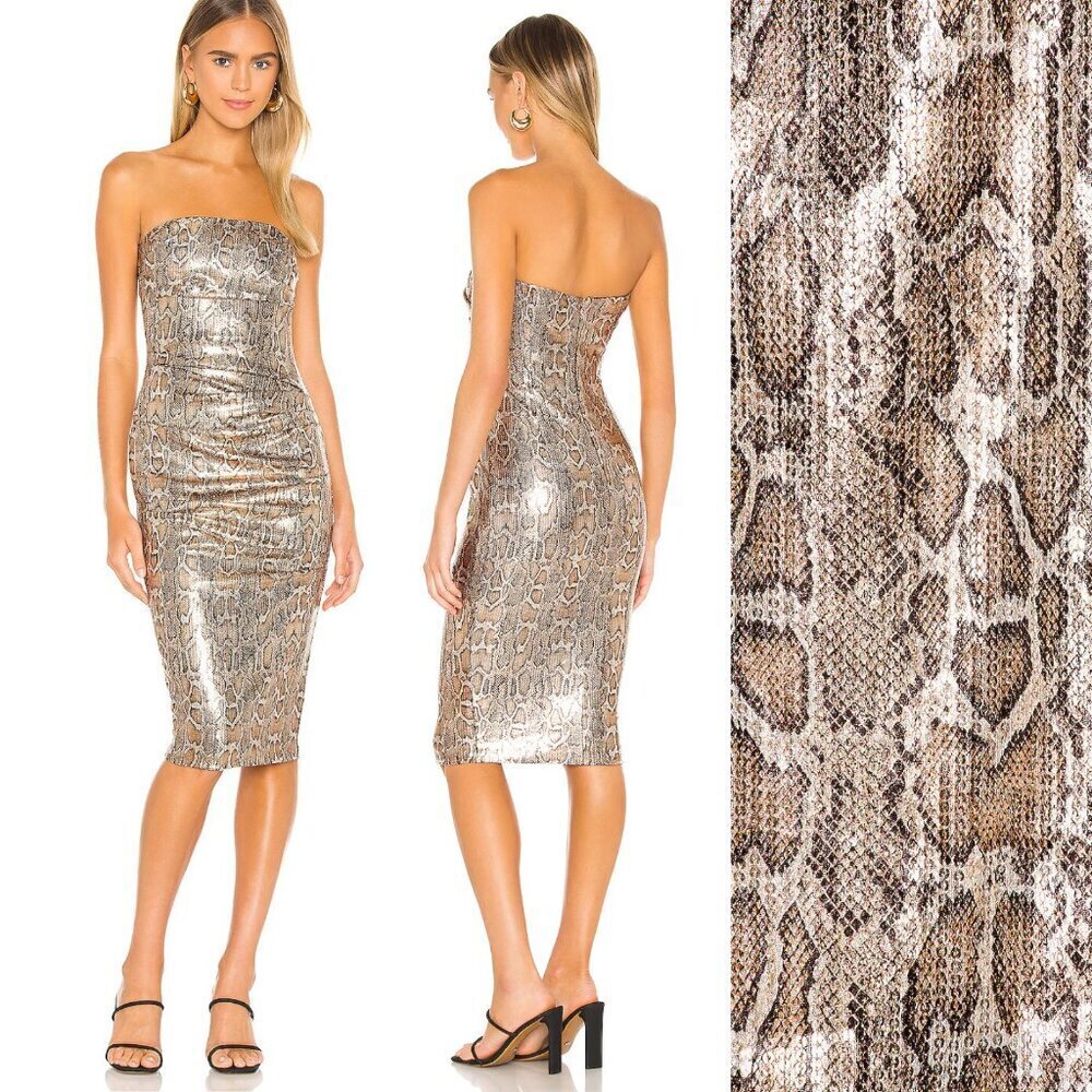 New! Nookie Blind Date Bronze Metallic Snake Strapless Midi Dress 37690